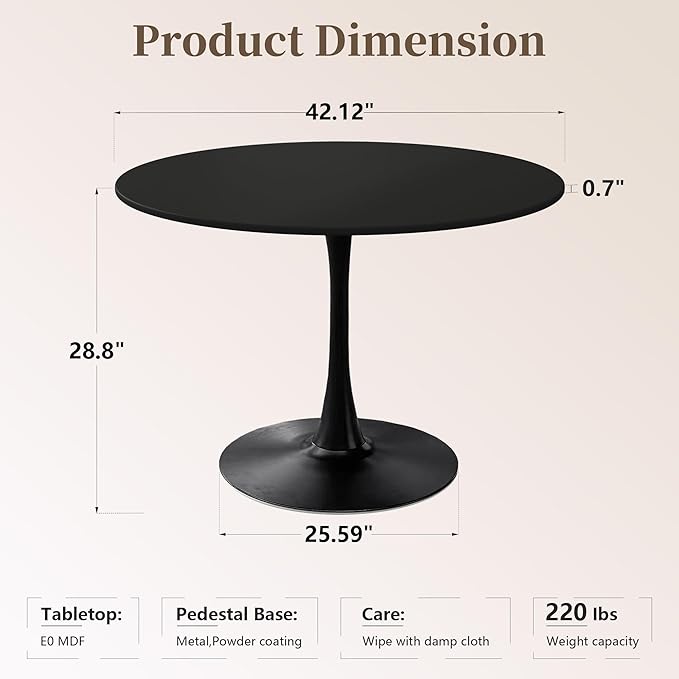 42 Inch Round Dining Table,Mid-Century Tulip Table with Metal Pedestal Base,Modern Leisure Table for Small Space Kitchen Dining Room,Easy Assembly,Black
