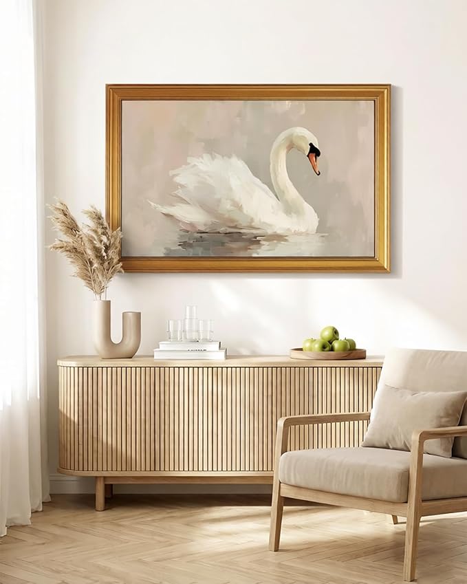 HUARCEY Gold Framed Vintage Wall Art for Living Room, Animals Painting Prints Shelf Decor for Kitchen, Aesthetic Bedroom Wall Art, Best Gifts for Friends or Family - Swan White 36L x 24W