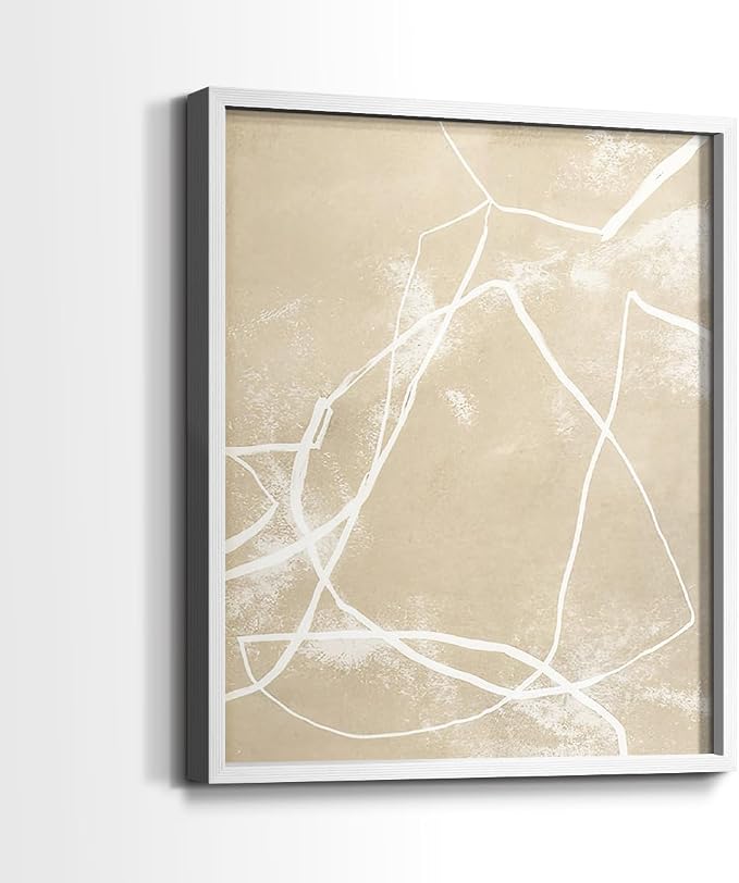 Renditions Gallery Set of 2 Peel & Stick Framed Prints, Neutral Abstract Wall Art, Beige Line Art Pattern Wall Decor, Re-Stickable - Ready to Hang - 16"x20" - White Frame LT588