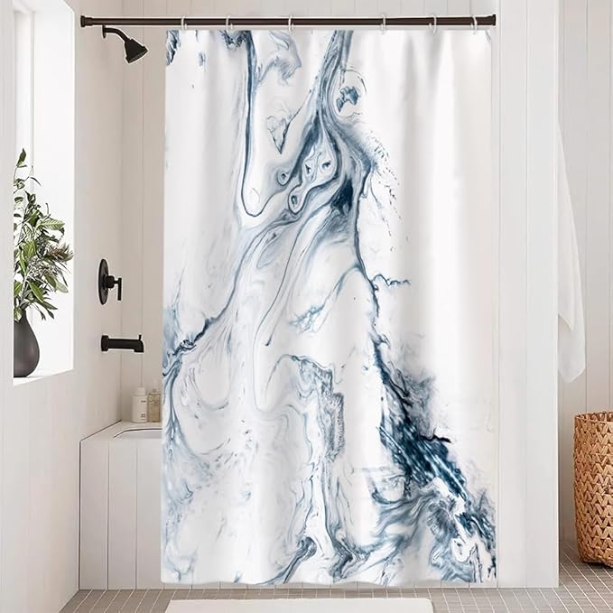 Blue and White Shower Curtain, Modern Ombre Blue Marble Shower Curtain Set with Hooks Aesthetic Waterproof Bathroom Decor, 54x72 Inch