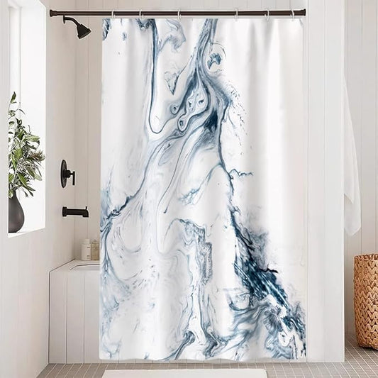 Blue and White Shower Curtain, Modern Ombre Blue Marble Shower Curtain Set with Hooks Aesthetic Waterproof Bathroom Decor, 54x72 Inch
