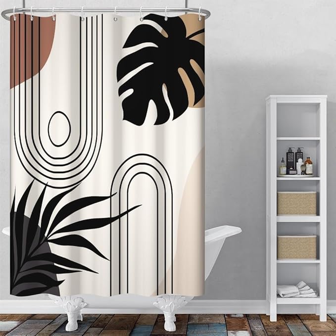 Modern Bohemia Bathroom Curtain Beige Abstract Minimalist Bathroom Decor Set Stripes Arch Sun Palm Leaves Chic Aesthetic Washable Waterproof Polyester Fabric with Hooks 36x72 Inch