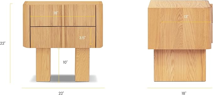 Poly & Bark Toledo 22” Nightstand – Solid and Veneered American White Oak Construction with Ribbed Drawer Fronts and Soft‑Close Drawers – Textural Modern Bedside Table for Stylish Bedrooms