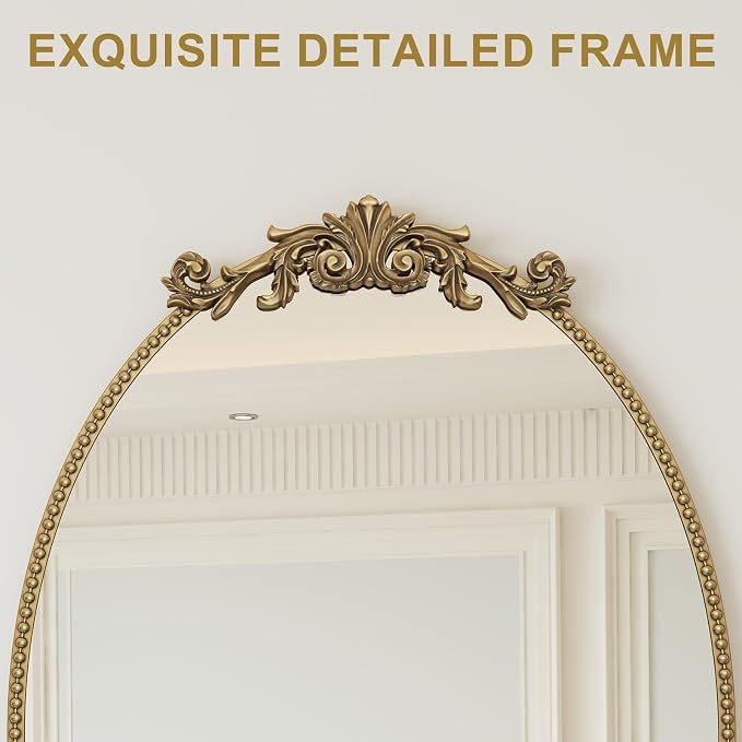 CozyDH Retro Gold Oval Wall Mirror Decor - 25x36 inch Ornate Baroque Style Beaded Metal Frame - Vintage Home Decor for Entryway, Foyer, Fireplace, Living Room, Hallway