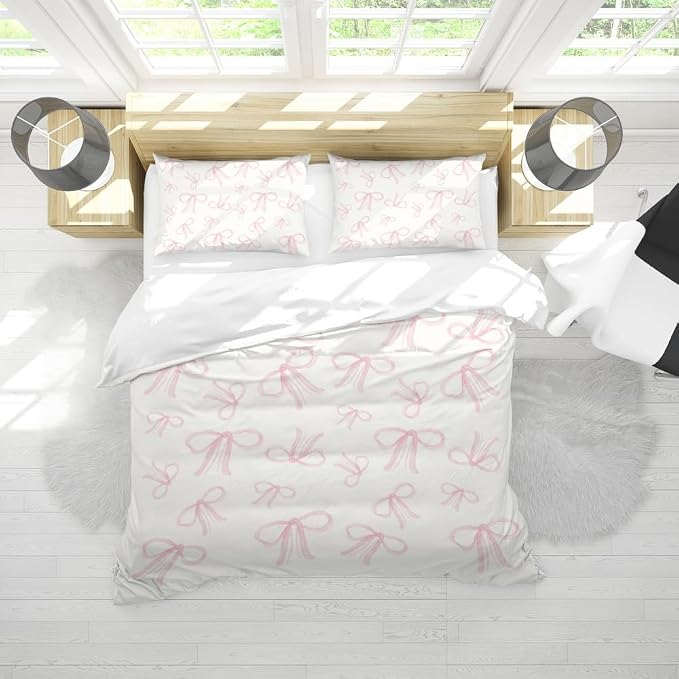 Trendy Pink Bows Duvet Cover Twin Size Coquette Decor Light Pink Bowknot Bed Cover Dreamy Princess Style Kids Girls Soft Bedding Set for Teens Funky Preppy Girl Room Decor Aesthetic 68"x88"