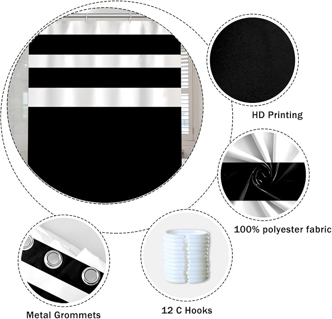 Abstract Stripes Bathroom Shower Curtain Black and White Geometric Pattern Waterproof Fabric Shower Curtains with Hooks Modern Minimalist Artistic Aesthetic Home Decorative, 48x72 Inch