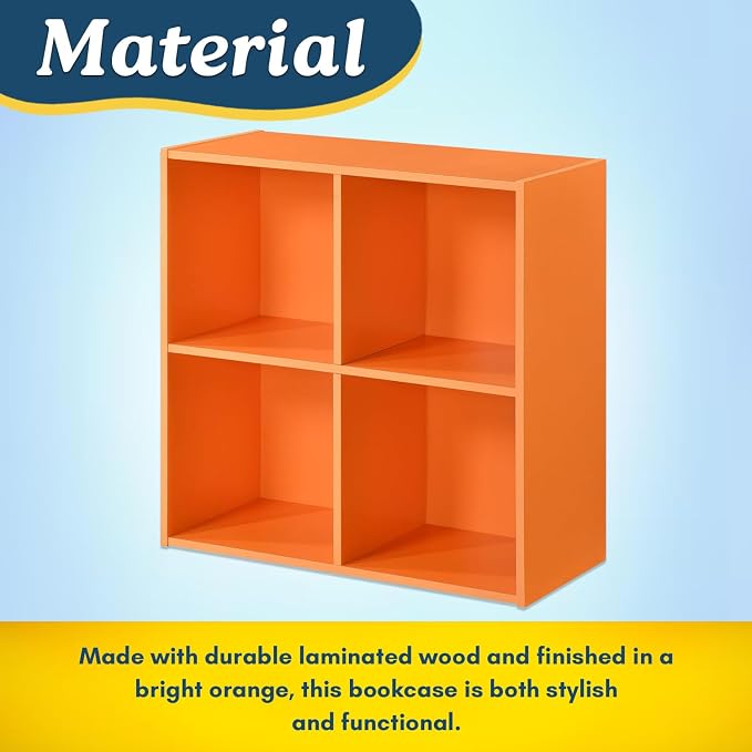 Kings Brand Furniture George 4-Cube Storage Organizer, 2-Tier Bookcase with Wood Shelves for Living Room, Bedroom, Nursery, or Home Office (Orange, 1-Pack)