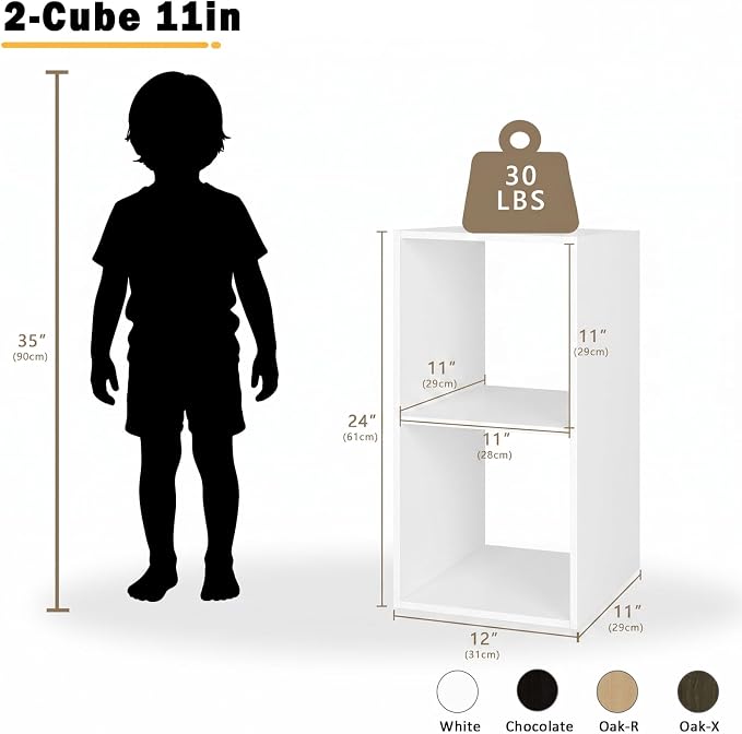 Endearing Limons【2026 Wooden 2 Cube Shelf Storage Organizer with Anti-Tipping Kits + Reversible Open Back Solid Panel Bookcase (11 x 11 Unit Cell White)