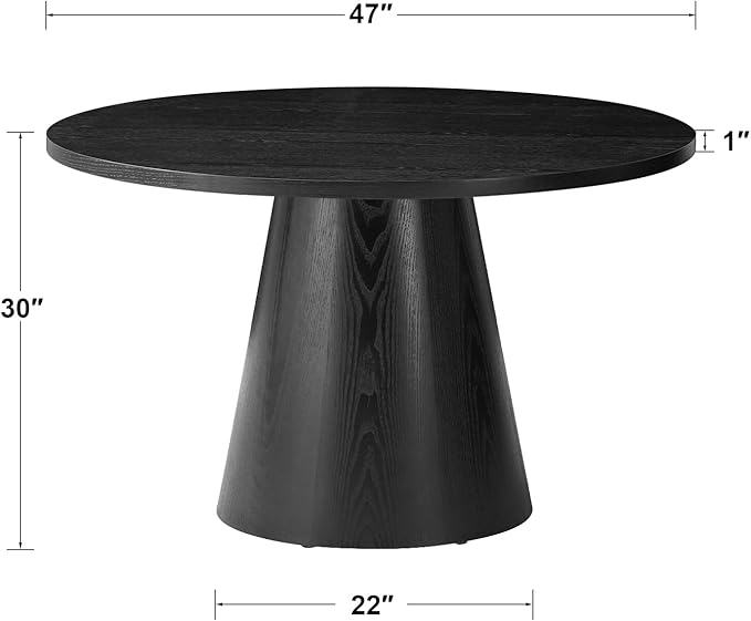 47" Round Pedestal Dining Table, Black Solid Wood Kitchen Table for 4, Rustic Farmhouse Round Table for Dining Room, Breakfast Nook