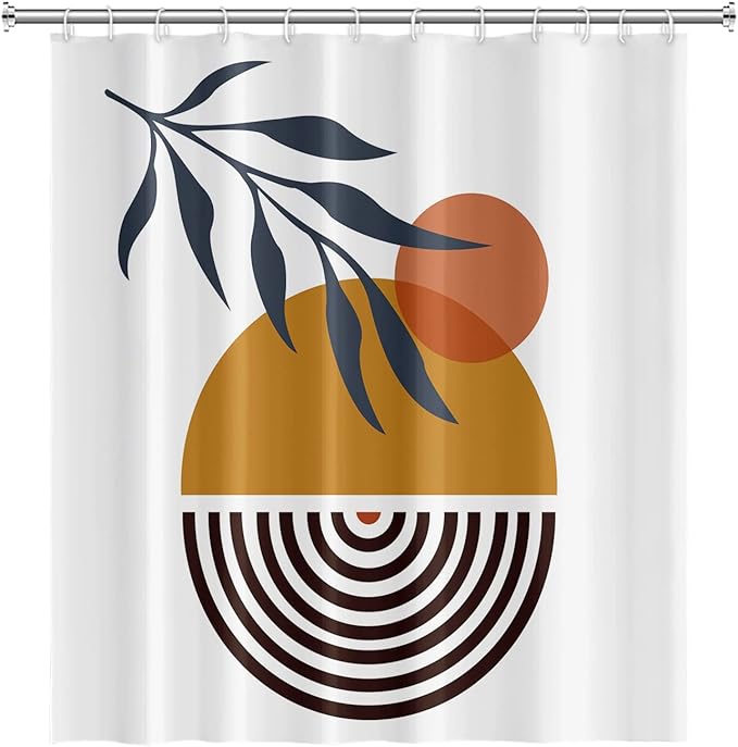 Mid Century Bohemian Bathroom Shower Curtain Abstract Circle Eucalyptus Leaves Sun Boho Shower Curtain with Hooks Waterproof Fabric Polyester Shower Curtain Aesthetics Home Decor, 48x72 Inch