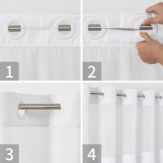 No Hooks Needed Linen Textured Shower Curtain with Snap-in Fabric Liner Set,White Hotel Luxury Decor Shower Curtains for Bathroom with Mesh Top Window,Waterproof & Washable,71Wx74H