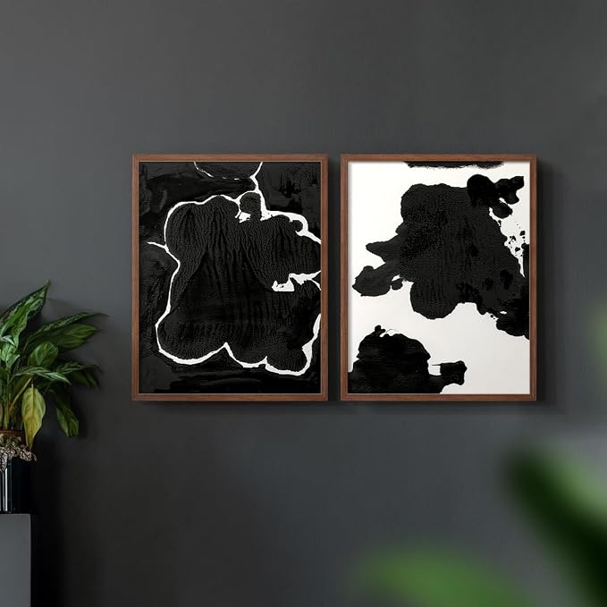 Renditions Gallery Set of 2 Peel & Stick Framed Prints, Fluid Abstract Wall Art, Black and White Inkblot Wall Decor, Re-Stickable - Ready to Hang - 16"x20" - Walnut Frame LT588