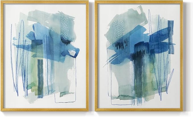 Renditions Gallery Set of 2 Peel & Stick Framed Prints, Modern Abstract Wall Art, Blue and Neutral Bold Brushstrokes Wall Decor, Re-Stickable - Ready to Hang - 8"x10" - GOLD Frame LT588