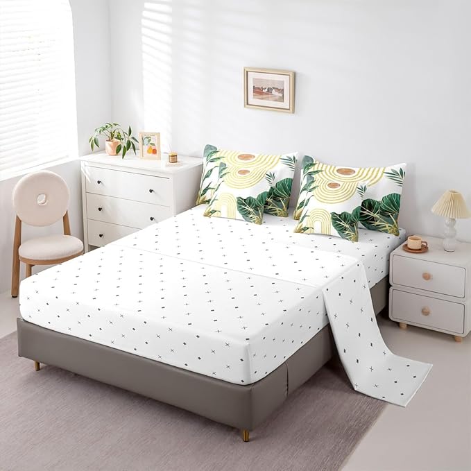 Erosebridal Modern Boho Green Bedding Set King Minimalist Mid Century Comforter Set 7 Piece Simple Aesthetic Art Bed in A Bag for Adults Minimalism Plant Quilt with Flat Fitted Sheet