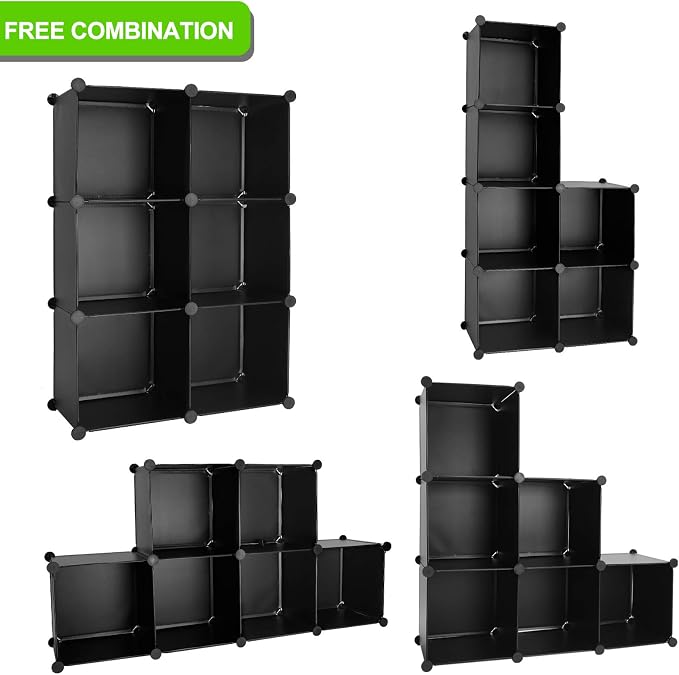 Cube Storage Organizer, 6-Cube DIY Plastic Closet Cabinet Modular Bookcase, Storage Shelves for Bedroom Living Room, Office, Black