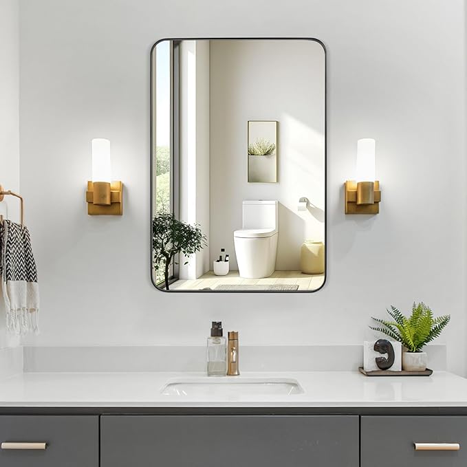 Black Bathroom Mirror 28X36 Inch Rounded Rectangle Wall Mirror Stainless Steel Metal Frame Vanity Mirror Anti-Rust for Entryway, Bathroom, Vanity, Living Room Hangs Vertically or Horizontally