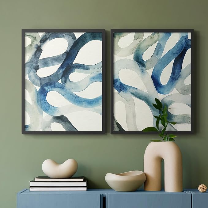 Renditions Gallery Set of 2 Peel & Stick Framed Prints, Watercolor Abstract Wall Art, Aquatic Water and Sand Strokes Wall Decor, Re-Stickable - Ready to Hang - 11"x14" - Black Frame LT588
