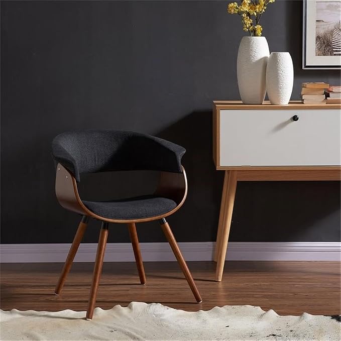Pemberly Row Mid-Century Modern Fabric and Bent Wood Accent Dining Chair, 29" H, Charcoal Gray and Walnut Finish, Curved Frame, Polyester Foam Cushion, Living Room, Hallway, or Bedroom Seating