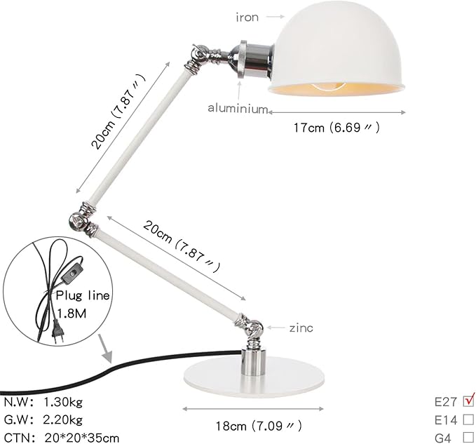 Makeup Vintage Desk Lamp, Adjustable Swing Arm Industrial Metal Task Table Lamp, Bedroom Bedside Night Light Retro Reading Lighting,White