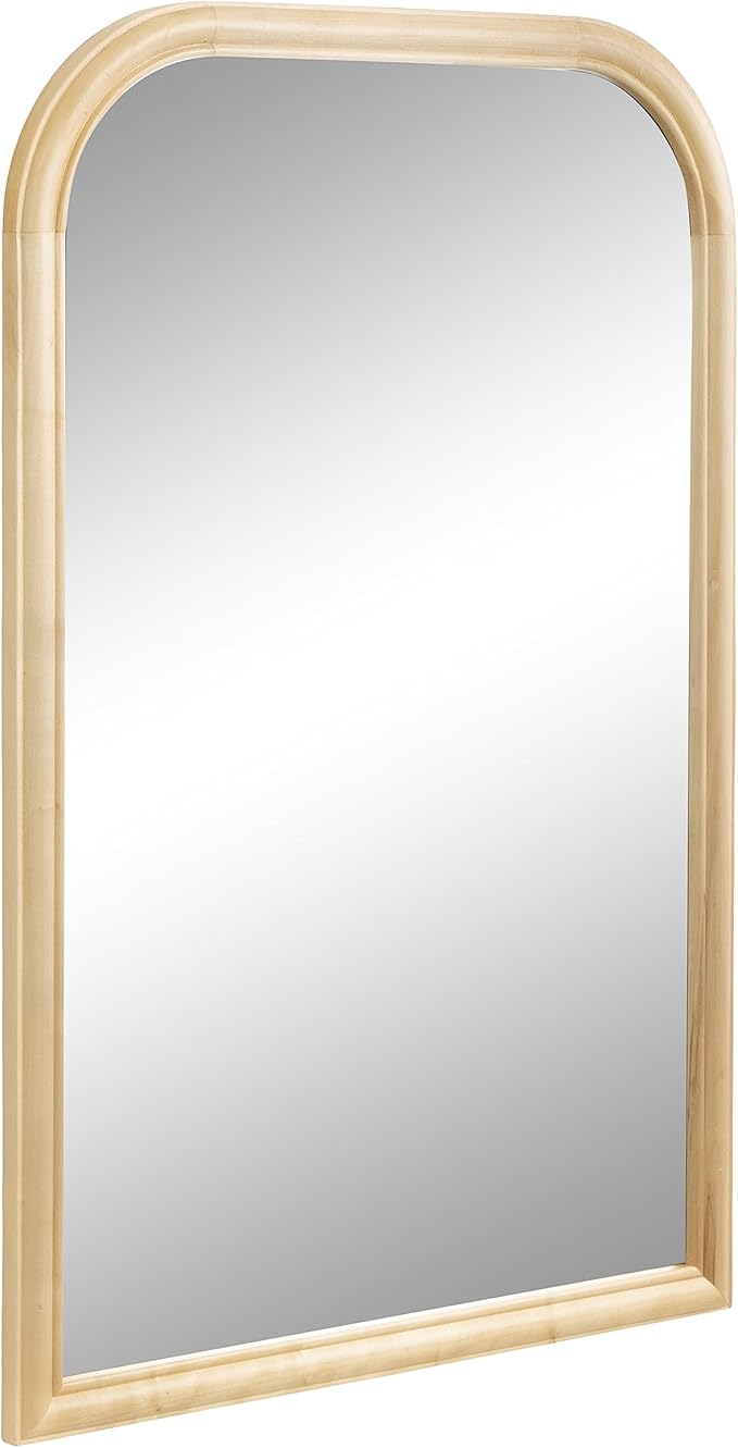 Kate and Laurel Glenby Mid-Century Modern Arch Wall Mirror, 24 x 36, Natural Wood, Wooden Arched Bathroom Mirror with Rounded and Stepped Frame Profile