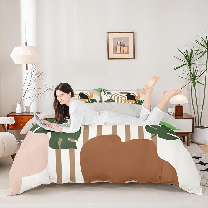 Erosebridal Funny Cat Bedding Set Full Boho Mid Century Duvet Cover Modern Abstract Minimalism Geometric Comforter Cover for Kids Girls Boys Adults Tropical Palm Leaves Bed Set
