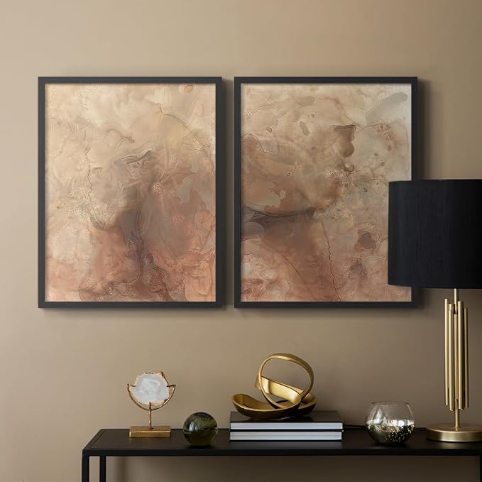 Renditions Gallery Set of 2 Peel & Stick Framed Prints, Abstract Wall Art, Brown Textured Marble Design Re-Stickable - Ready to Hang - 22"x28" - Black Frame LT588