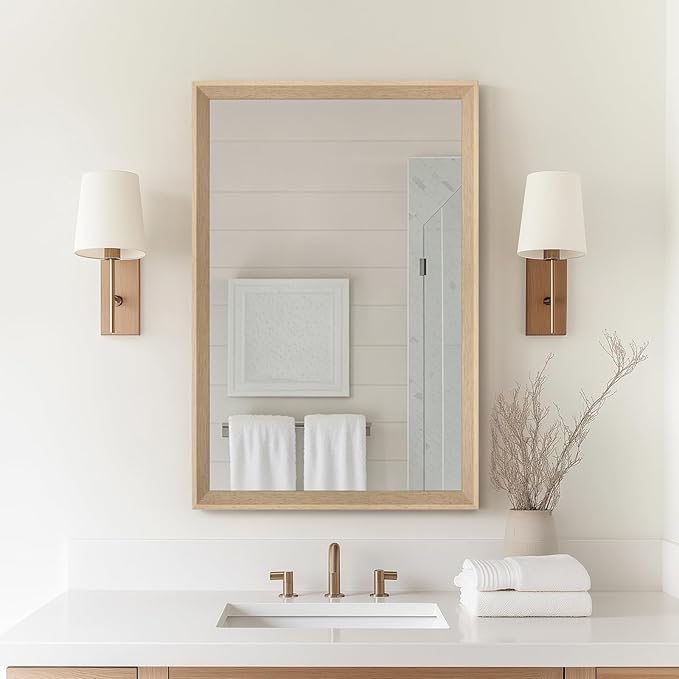 Oak Wood Effect Framed Wall Mirror, 20x30 Rectangle Mirror, Anti-desilvering Tempered Glass, Sustainable& Sturdy Frame, Anti-Rust, HD Reflection &3min Fast Setup for Bathroom Living Room