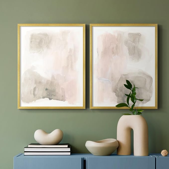 Renditions Gallery Set of 2 Peel & Stick Framed Prints, Watercolor Abstract Wall Art, Nude Color Neutral Aesthetic Wall Decor, Re-Stickable - Ready to Hang - 22"x28" - GOLD Frame LT588
