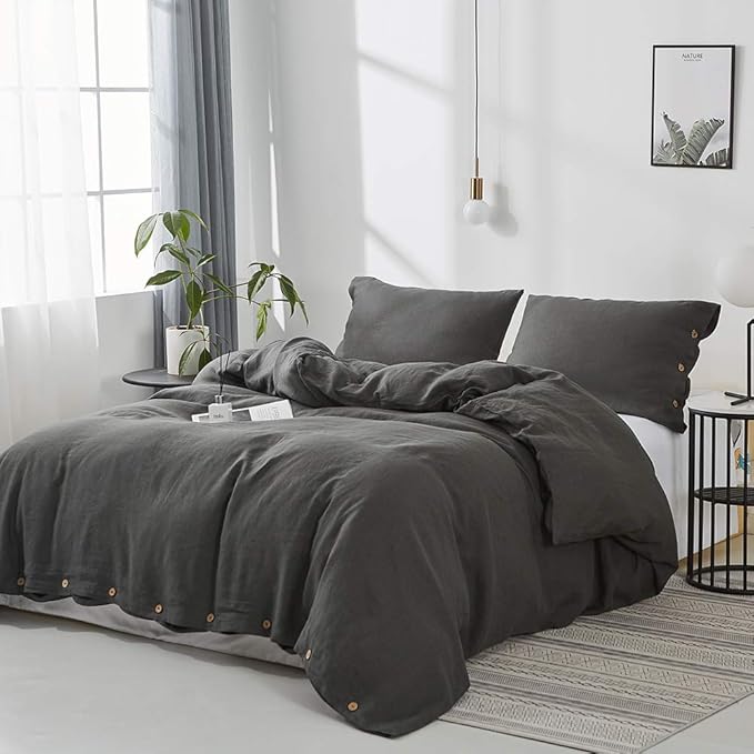 Simple&Opulence 100% Linen Duvet Cover Set 3pcs with Coconut Button Closure Natural French Washed Flax Solid Color Soft Breathable Farmhouse Bedding - Dark Grey, Queen Size