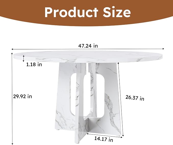 47" Round Dining Table for 4-6,White Faux Marble Dining Room Table,Modern Kitchen Table with Cross Legs for Dining Room Kitchen