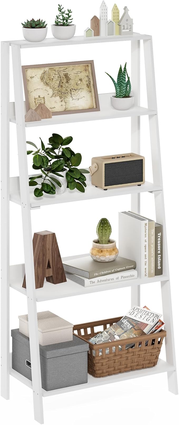 Furinno 5-Tier Ladder Shelf, White Ladder Book Shelf, Open Design Bookshelf, Display Storage Shelves, 13 x 23.6 x 53.5, for Living Room, Home Office, Plain White