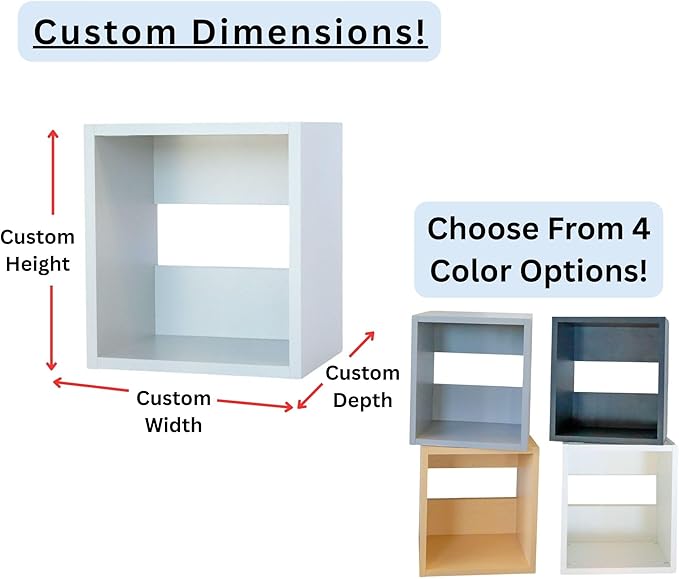 Custom Sized 1-Cube Cubby; Choose color, width, depth, and height. Units are 3/4 inch thick premium grade melamine for strong, solid unit. Easy assembly. Place on the floor or mount on a wall.