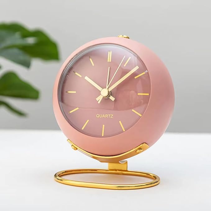 SHISEDECO Small Tableclocks Classic Non-Ticking Tabletop Alarm Clock with Night Light, Battery Operated Deskclock with HD Glass for Living Room Bedroom Bedside Indoor Decor (RN-Pink)