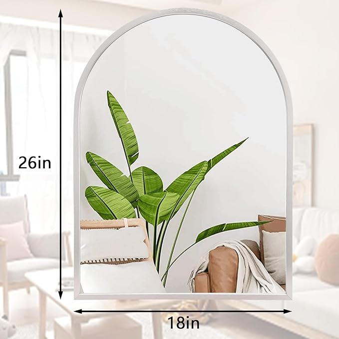 Arched Bathroom Mirror, Silver Metal Frame Wall Mounted Mirror Vanity Wall Mirror for Bedroom Entryway Living Room Vanity 26"x18"