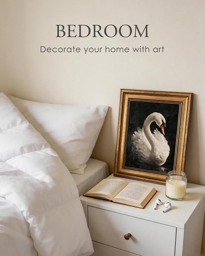 HUARCEY Gold Framed Vintage Wall Art for Living Room, Animals Painting Prints Shelf Decor for Kitchen, Aesthetic Bedroom Wall Art, Best Gifts for Friends or Family - Swan Black 10L x 8W