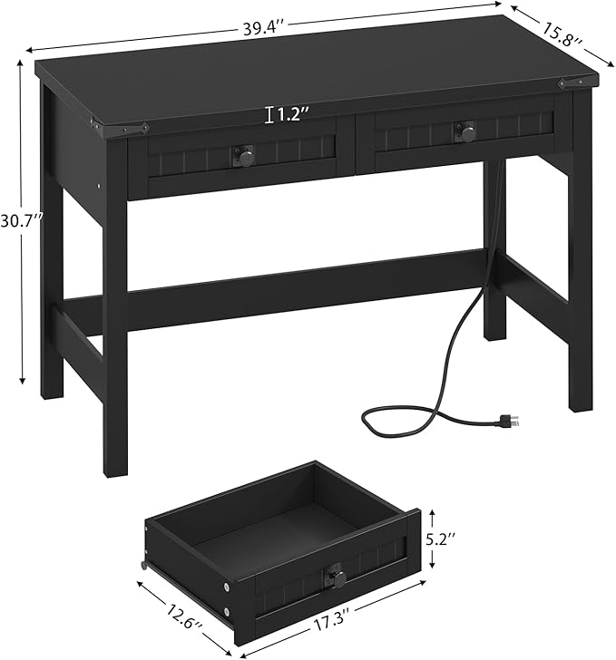 YOMILUVE Farmhouse Computer Desk with 2 Drawers, 39 Inch Small Black Computer Desk with Power Outlets, Home Office Desk Compact Writing Study Table for Small Spaces