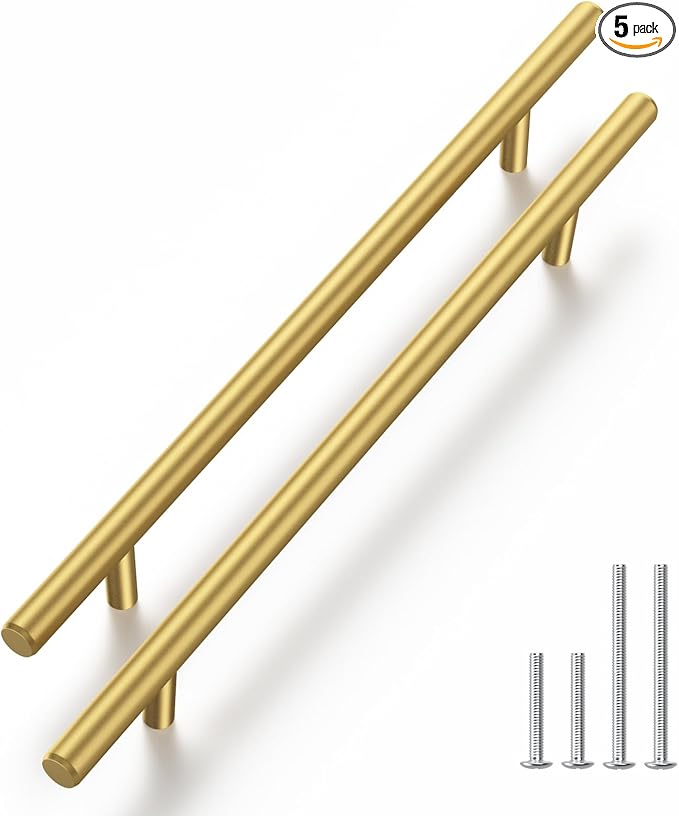 Haliwu 5 Pack Cabinet Handles Brass Gold Cabinet Pulls 7-1/2 Inch Hole Center Drawer Pulls Modern Bar Dresser Handles for Bathroom Kitchen Bedroom