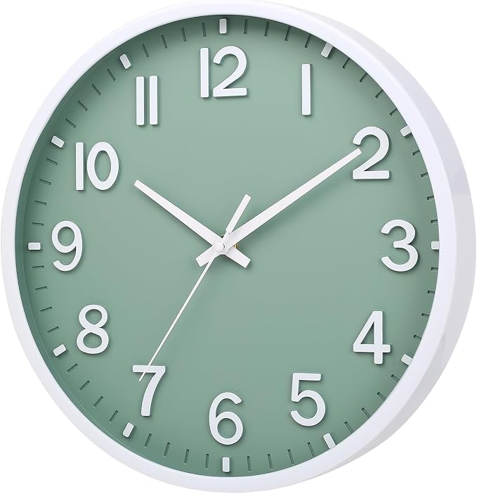 Wall Clocks Battery Operated 10 inch Modern Wall Clock,Silent Non Ticking Wall Clock for Living Room Bedroom Kitchen Office Classroom Decor (Green White)