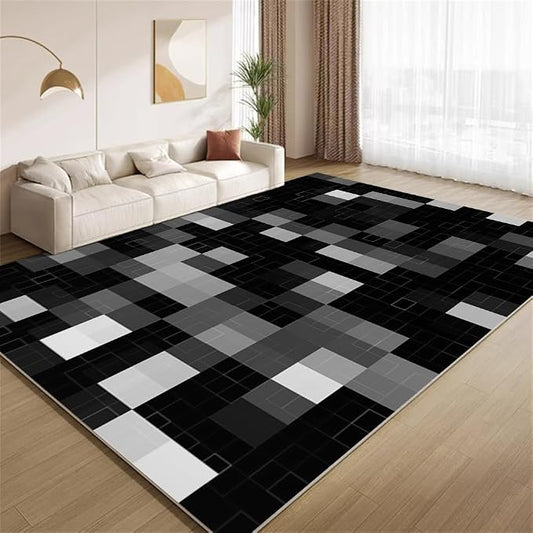 Modern Abstract Area Rugs, Black Gray White Geometry Carpet, Washable Non Slip Low Pile Soft Rug for Living Room Bedroom Decor Mat 5x6ft
