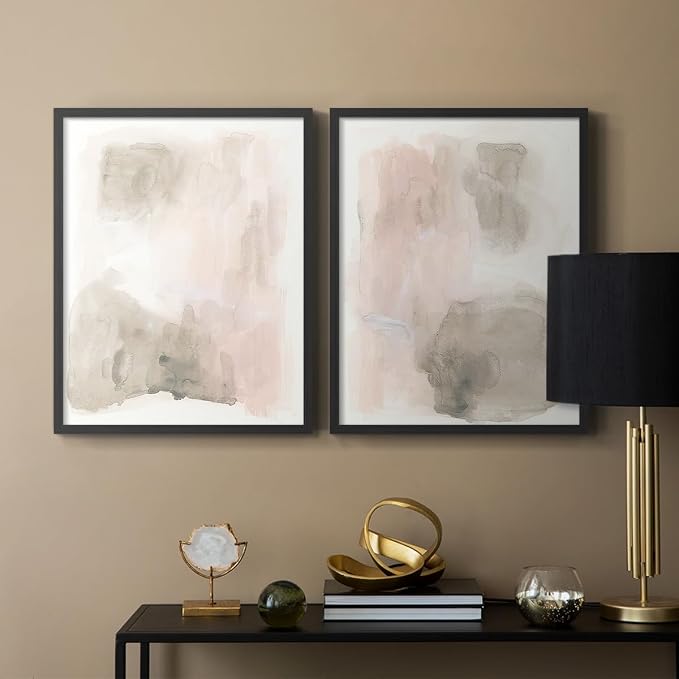 Renditions Gallery Set of 2 Peel & Stick Framed Prints, Watercolor Abstract Wall Art, Nude Color Neutral Aesthetic Wall Decor, Re-Stickable - Ready to Hang - 8"x10" - Black Frame LT588