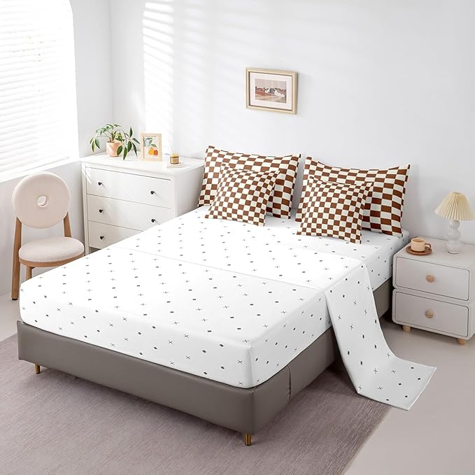 Erosebridal Plaid Twin Comforter Set 7 Piece Beige Caramel Brown Checkerboard Bed in A Bag with Sheets Geometric Checkered Bedding Set for Kids Boys Girls,Aesthetic Grid Bed Set