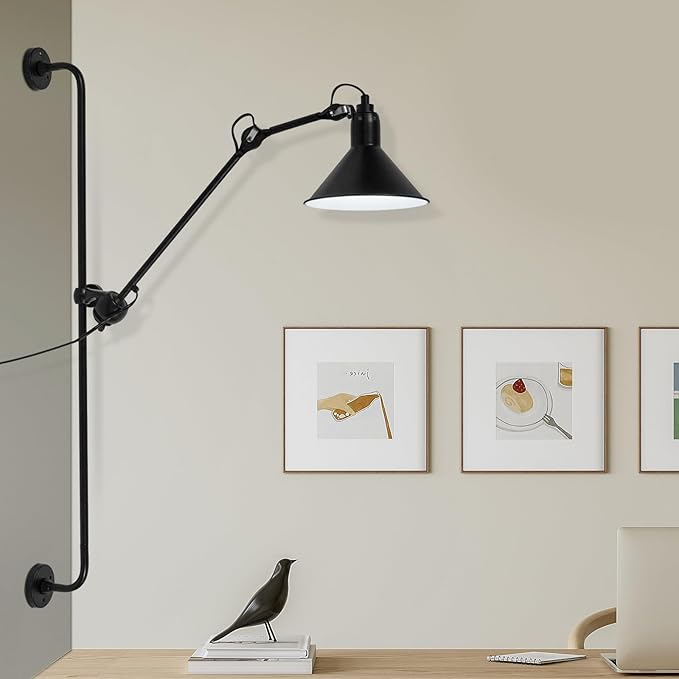 Swing Arm Wall Lamp, Black Industrial Swing Arm Wall Light, Nordic Adjustable Long Arm Wall Sconces Lamp Metal Double-arms Folding Architect Work Wall Mount Lighting for Bedroom Reading Living Room