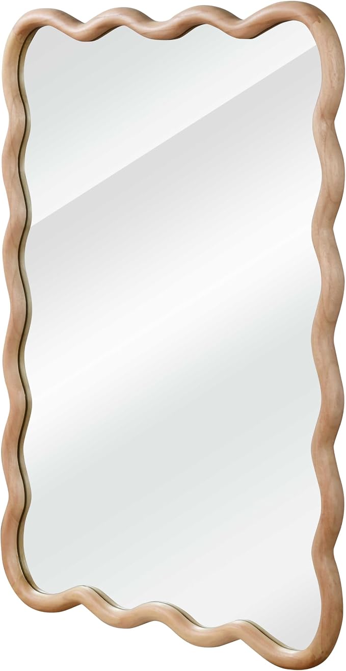 30x20 Inch Wooden Wavy Rectangle Wall Mirror, Modern Solid Wood Frame Decorative Accent Mirror for Bedroom, Bathroom, Living Room, Entryway, Natural Wood Color