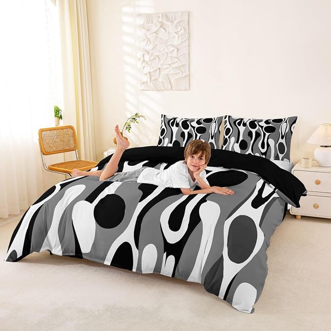Erosebridal Organic Geometric Duvet Cover Set Modern Abstract Full Size Bedding Sets for Youth Boys Retro Mid Century Comforter Cover Modern Fluid Art Irregular Circles Bed Set,Gray Black