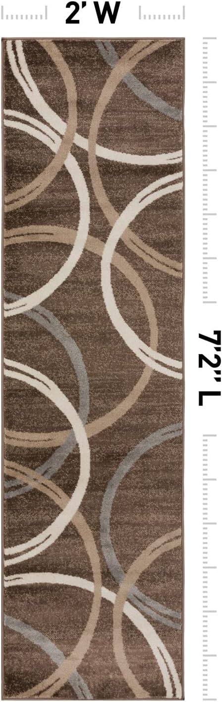 Rugshop Modern Wavy Circles Design Runner Rug, Carpet with Jute Backing for Hallway, Entryway, or Kitchen, Brown, 2' x 7'2"