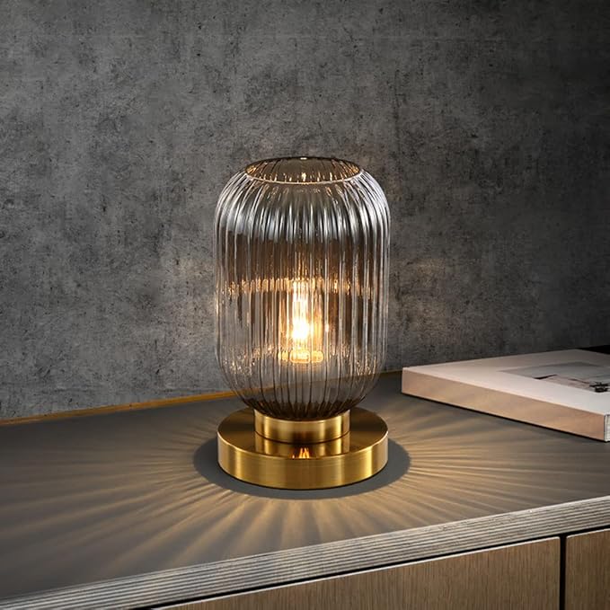 Mid Century Modern Globe Table Lamp Grey Glass Table Lamp Vintage Bedside Lamp Gold Desk Lamp Ribbed Design Shade Small Side Table Lamps Table Light for Bedroom Living Room Office