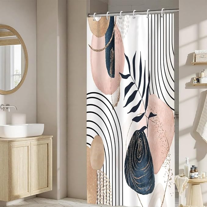 Modern Bohemia Shower Curtain for Bathroom Abstract Minimalist Bathroom Set Decor Stripes Palm Leaves Chic Aesthetic Washable Waterproof Polyester Fabric with Hooks 36x72 Inch