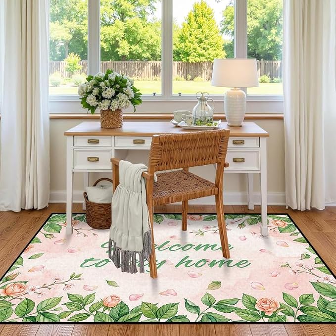 Welcome Rug Floral Area Rug for Entryway Bedroom Living Room Nursery Playroom Classroom Home Decor Pink Rose Green Leaf Carpet Non-Slip Washable Floor Mat,3'x5'