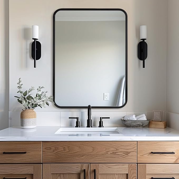 ANDY STAR 24x36 Inch Black Bathroom Mirror, Rounded Rectangle Mirrors for Bathroom Vanity Tube Metal Framed Wall-Mounted Vertically/Horizontally for Home Decor