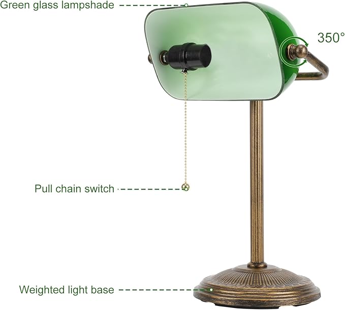NISSAFORS Bankers Desk Lamp, Green Glass Shade, Vintage Desk Lamp with Pull Chain Switch, Retro Table Lamps for Home Office(Retro Gold+Green, Small)